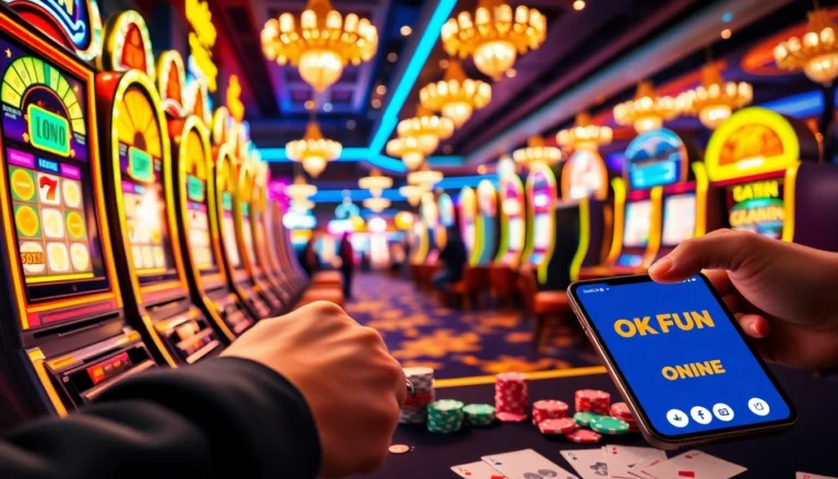 A player enjoying the thrilling atmosphere at an OKFun casino, pulling a slot machine lever amidst colorful chips and cards.