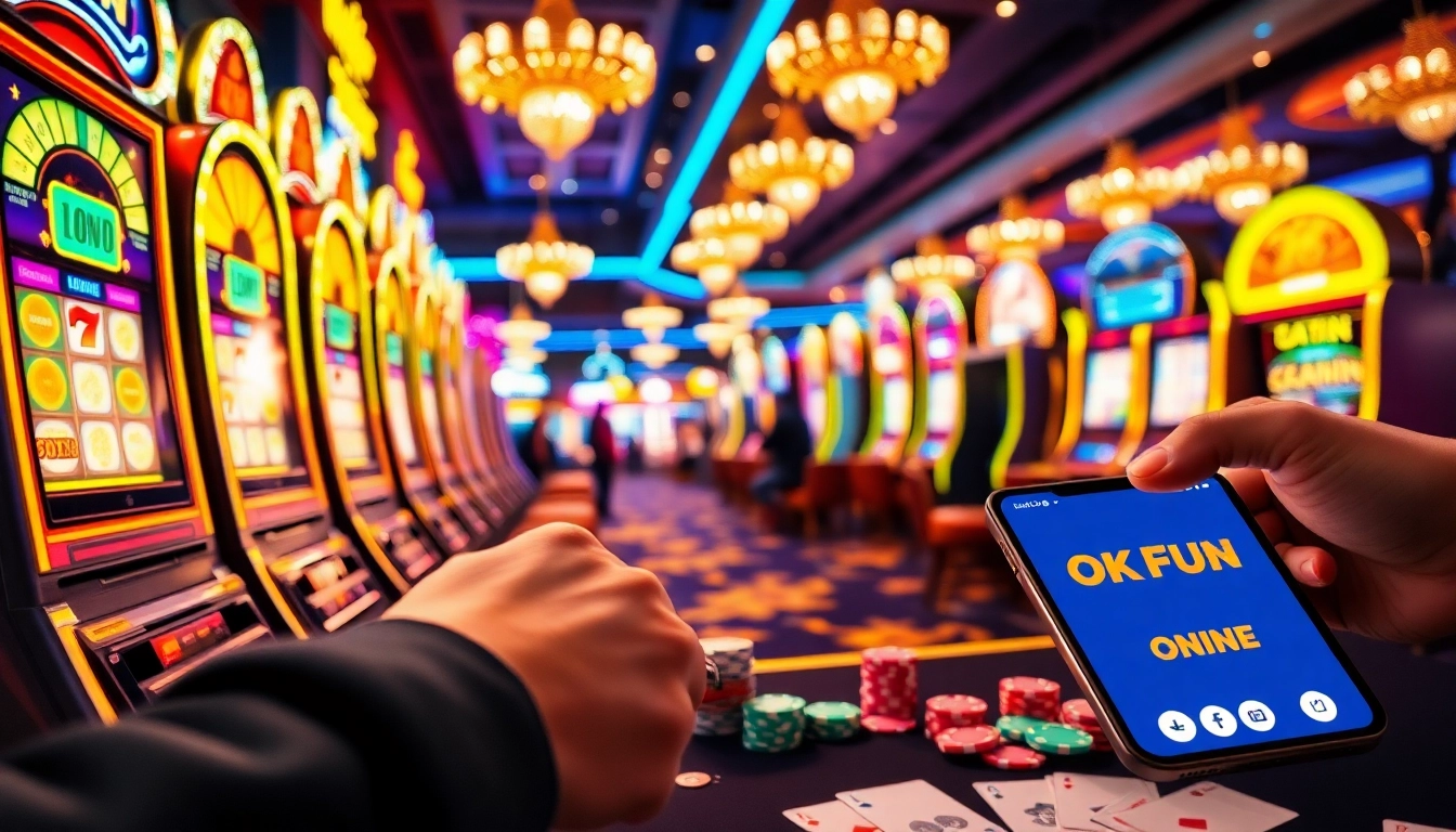A player enjoying the thrilling atmosphere at an OKFun casino, pulling a slot machine lever amidst colorful chips and cards.