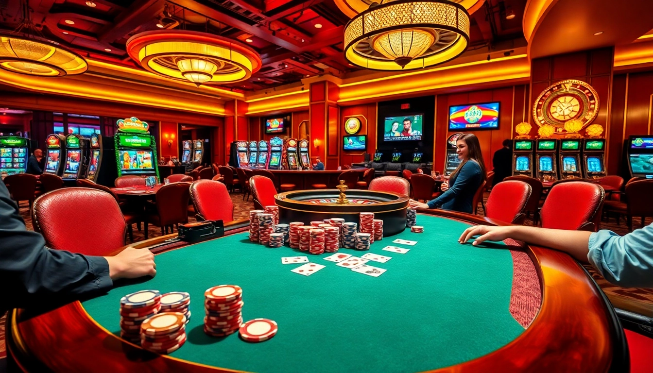 Experience the thrill of new88 online at a bustling casino with poker games, chips, and vibrant slot machines.